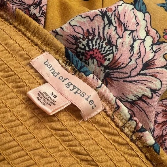 Boho! [band of gypsies] Yellow Pink Teal Floral Strapless Wide Leg Jumpsuit | XS - Picture 4 of 10